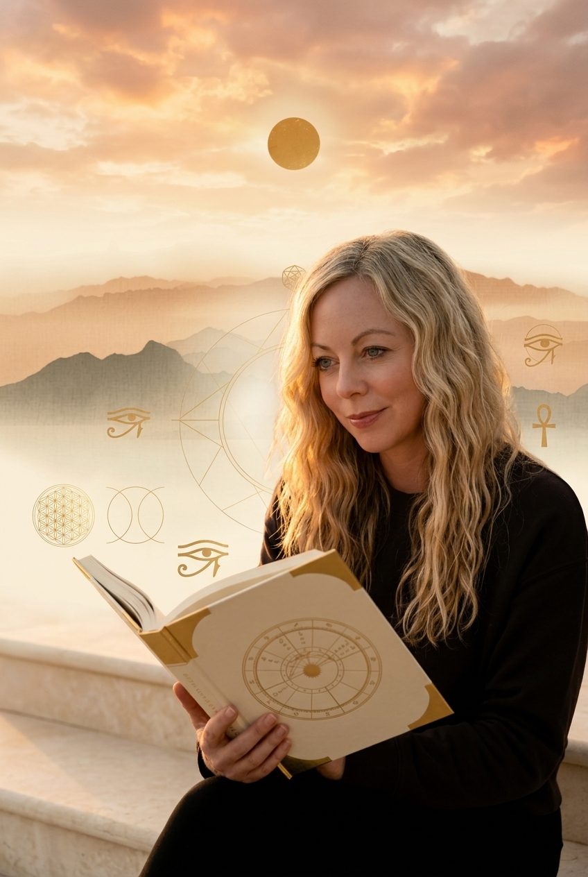 Danni, the Sky Priestess, reading a Soul Story reading at dawn