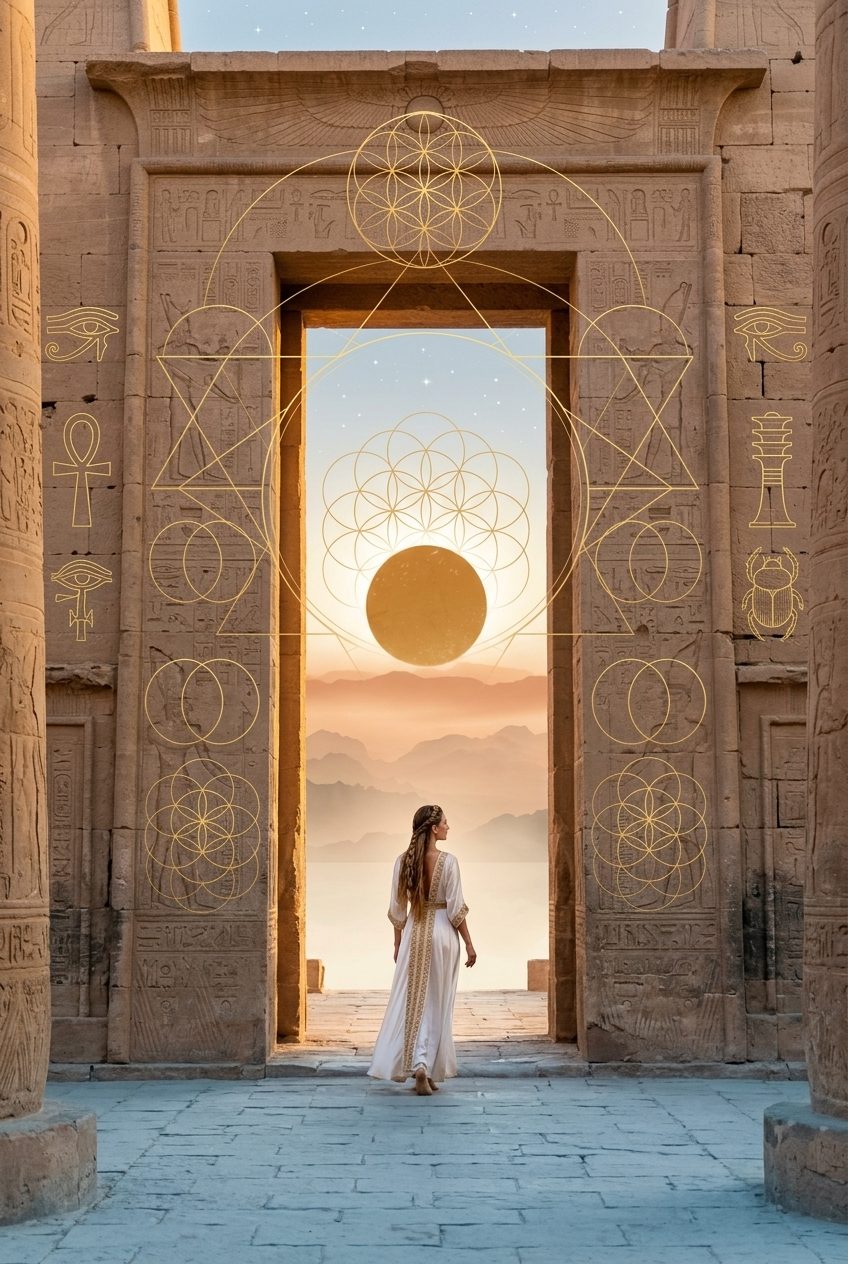 A woman in white walking through a tall temple doorway toward a dawn sky of fading stars and the sun disc