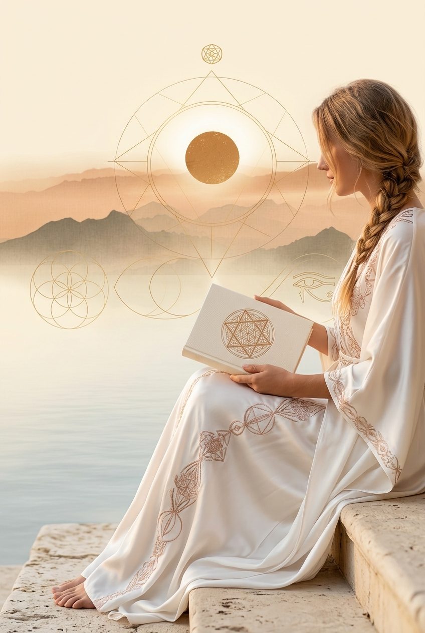 A woman in white seated on a stone step at dawn, reading a cream book with gold geometry on its cover